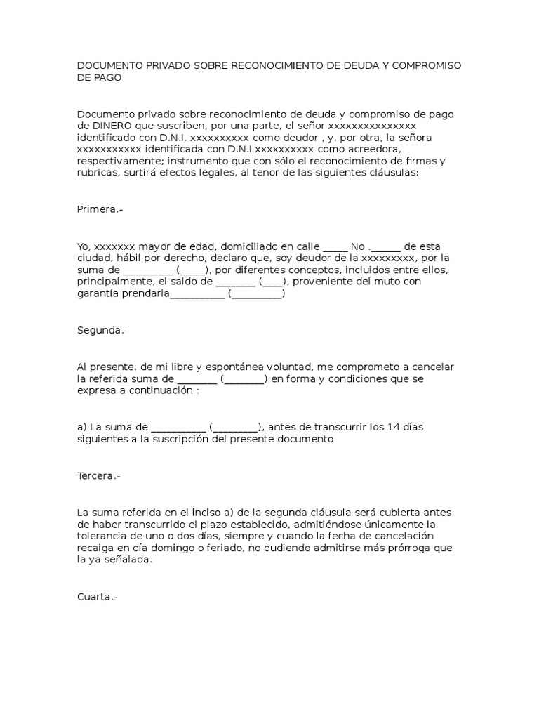 Modelo de Reconocimiento de Deuda y Compromiso de Pago Pagos Dinero