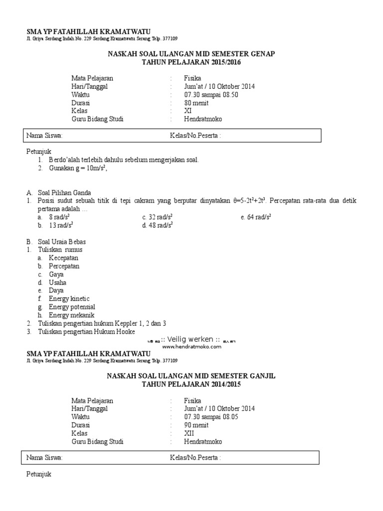 Sma Yp Fatahillah Kramatwatu Naskah Soal Ulangan Mid Semester Genap Tahun Pelajaran 2015 2016