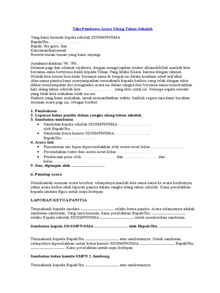 Teks Pembawa Acara Ulang Tahun Sekolah Teks Pembawa Acara Ulang Tahun Sekolah