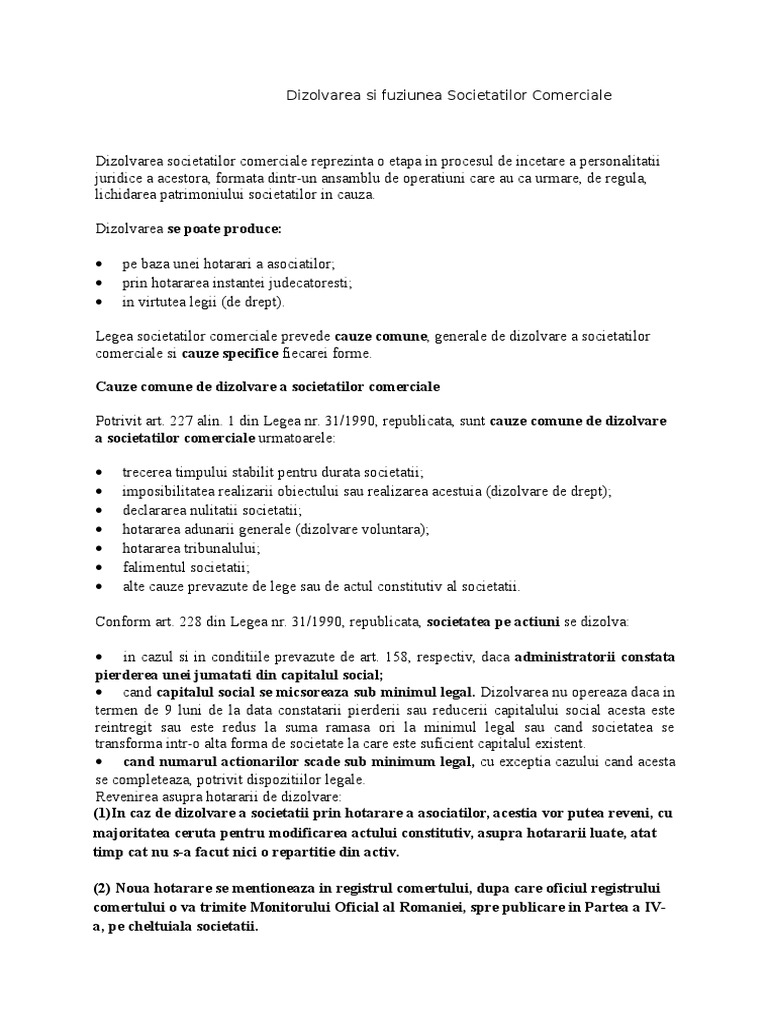 Dizolvarea Si Fuziunea Societatilor Comerciale