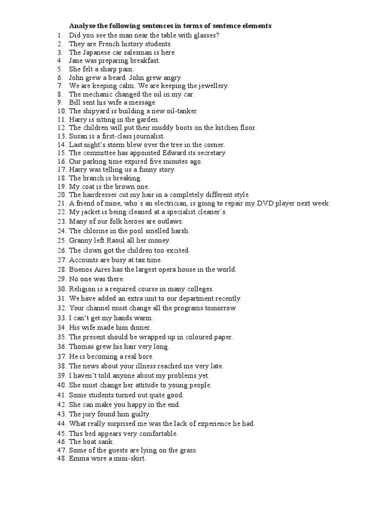 Analyse The Following Sentences in Terms of Sentence Elements PDF Leisure