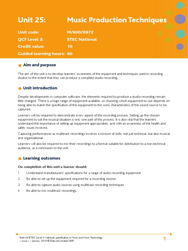 Unit 25 Music Production Techniques PDF Educational Technology Sound Recording And