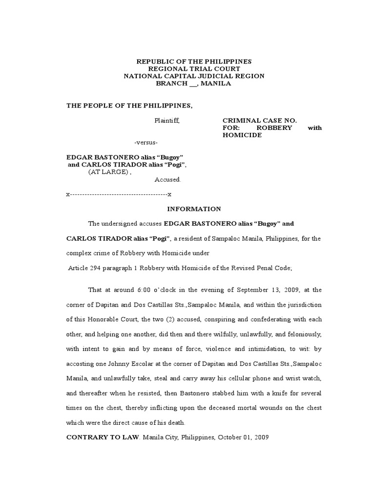 Robbery with Homicide Case Filing | PDF | Criminal Procedure In South ...