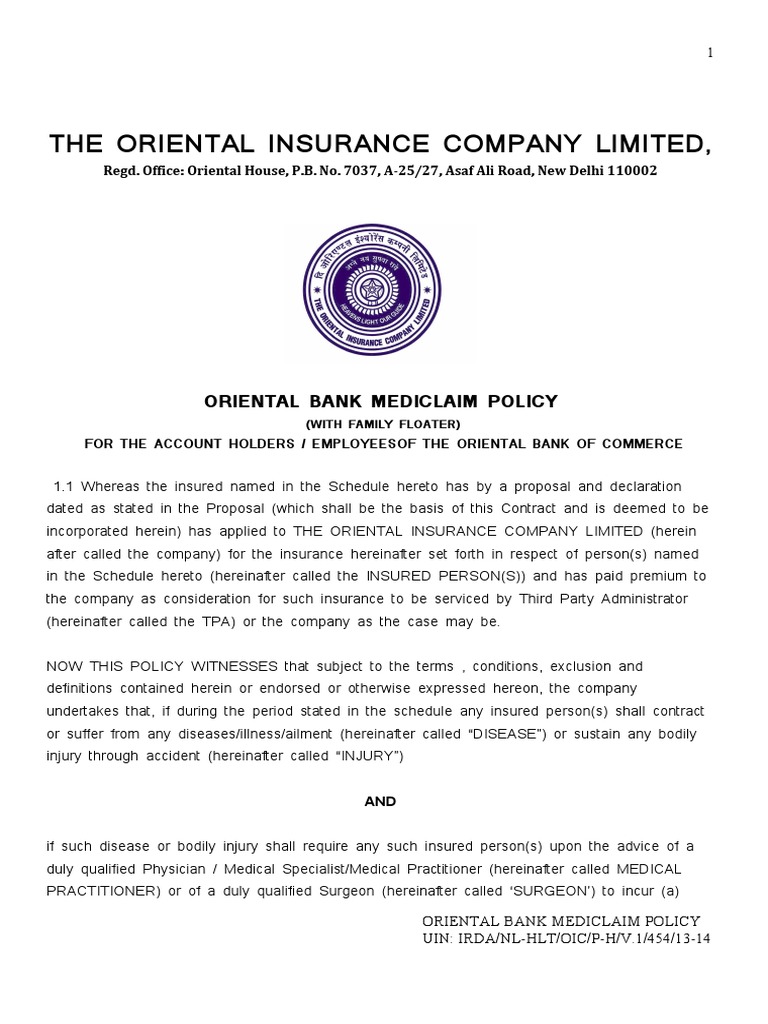 Oriental Bank Mediclaim Policy 09122014 Insurance Hospital