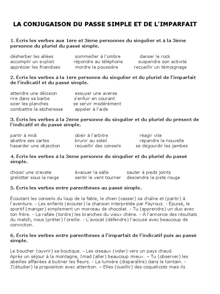Exercices Passé Simple 4ème à Imprimer 6° Conjugaison Imparfait-Passé Simple | PDF | Verbe