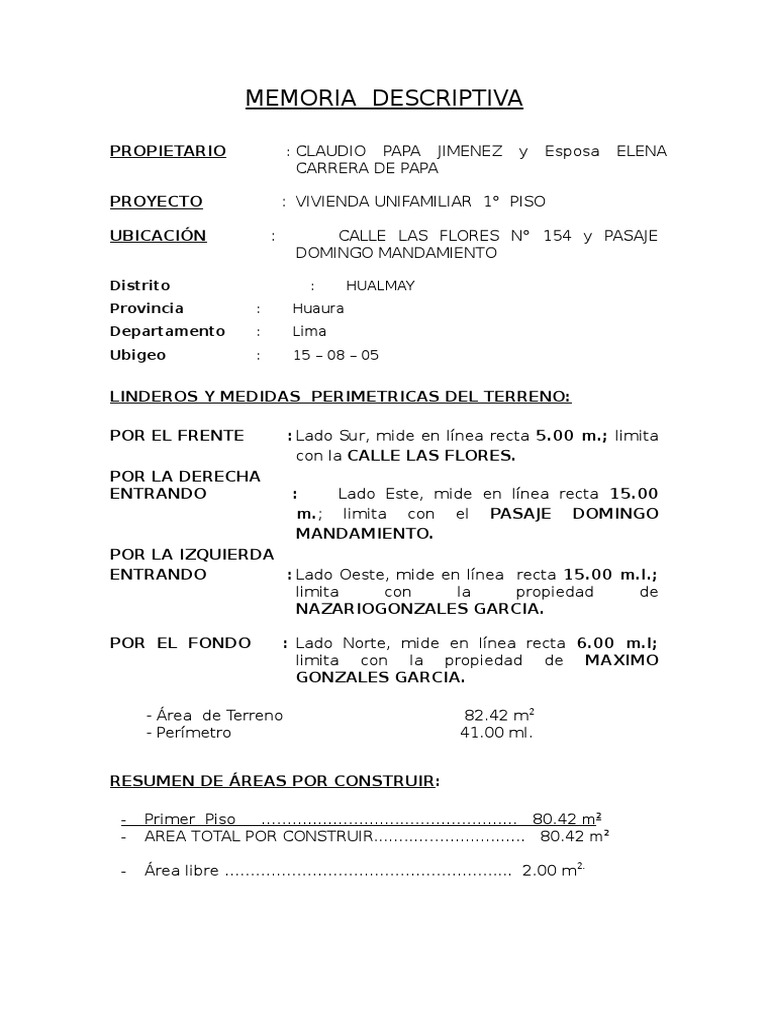 Memoria descriptiva y planos de proyecto de vivienda unifamiliar en ...