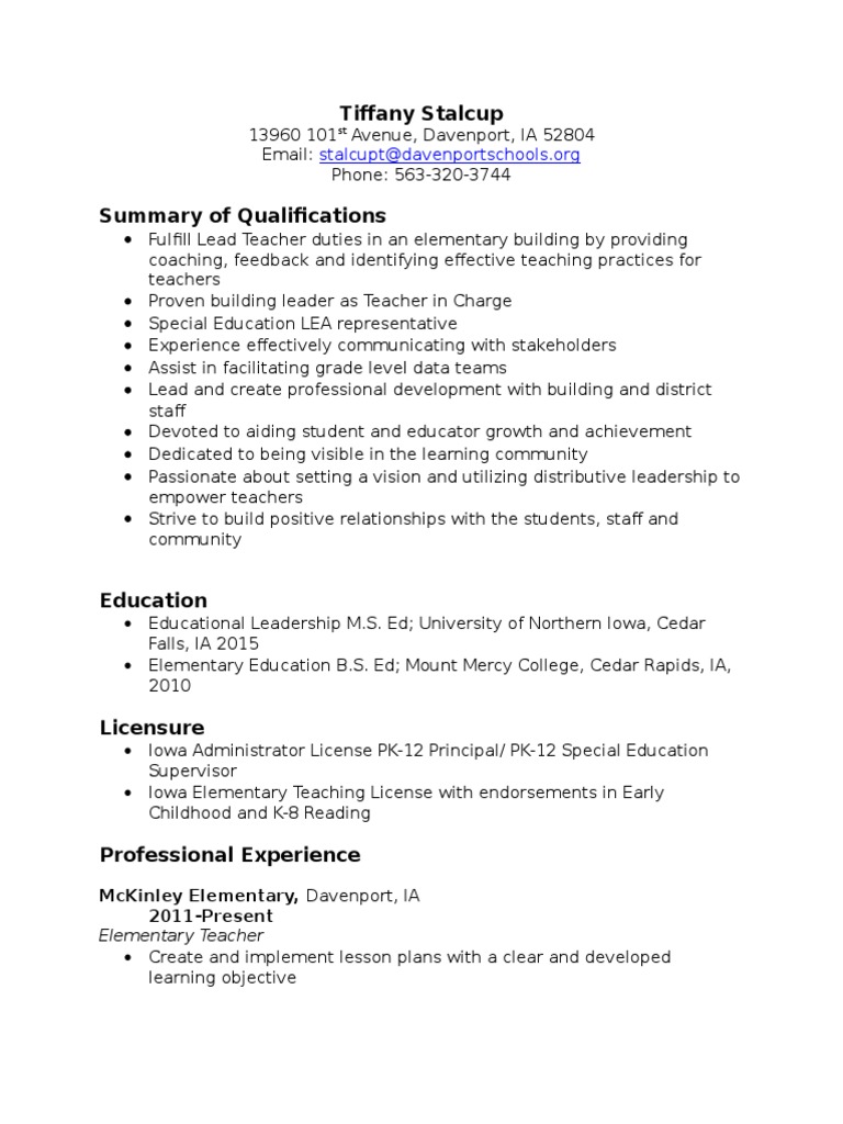 resume examples for educational leadership