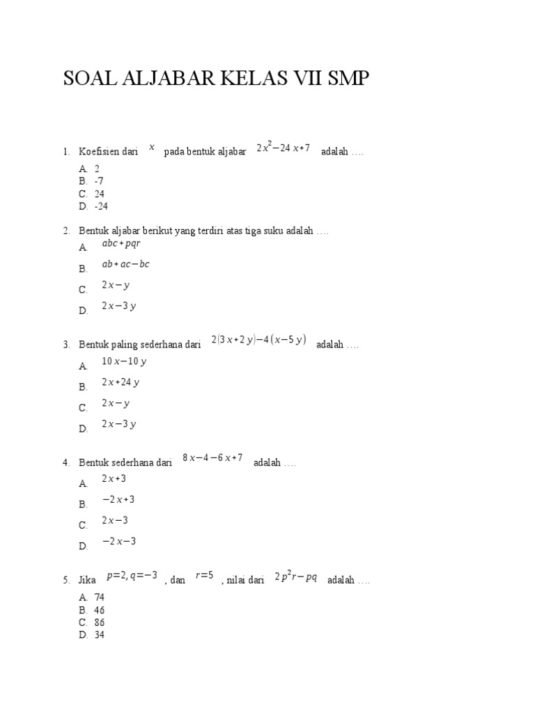 Soal aljabar kelas VII