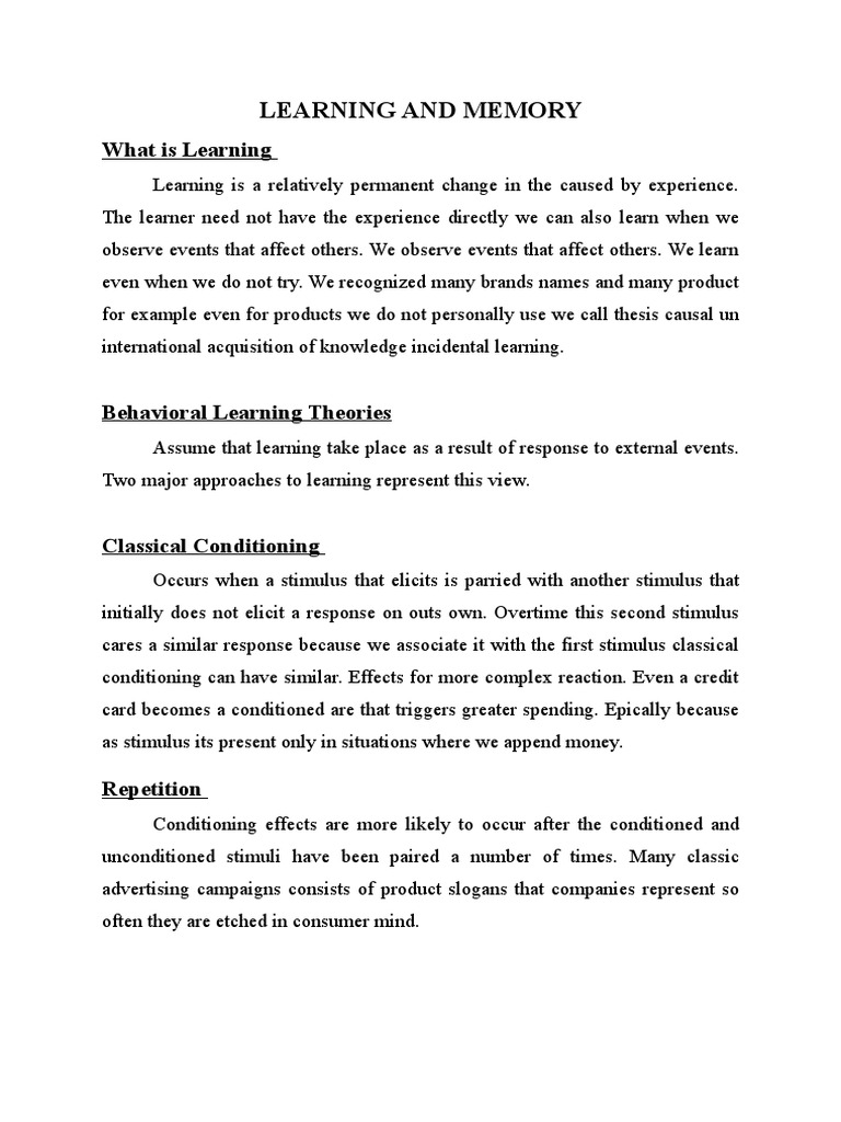 Learning and Memory PDF Classical Conditioning Memory
