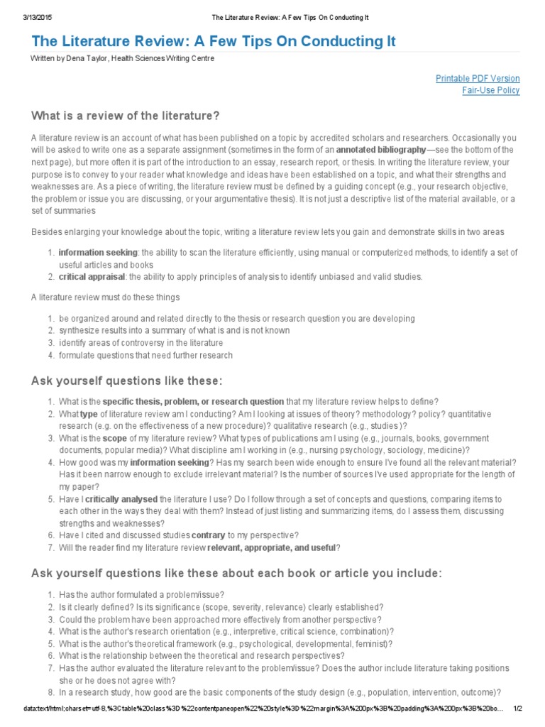 The Literature Review - A Few Tips On Conducting It | PDF | Literature ...