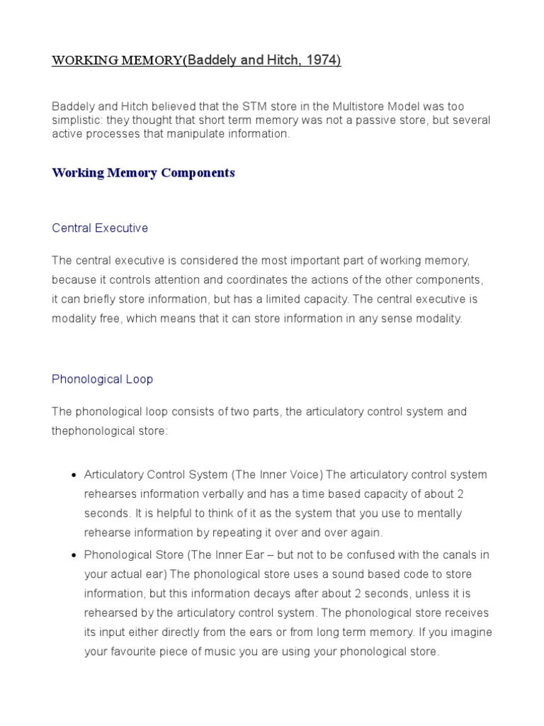 Baddeley and Hitch's Working Memory Model | PDF | Working Memory | Memory