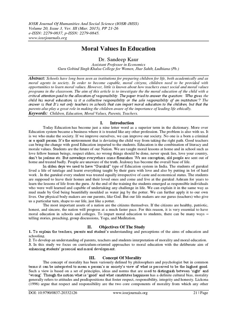 Moral Values in Education: A Collective Duty | PDF | Morality | Teachers