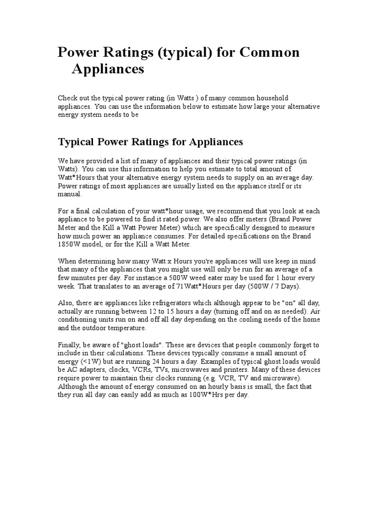Typical Power Ratings For Appliances PDF Home Appliance Air