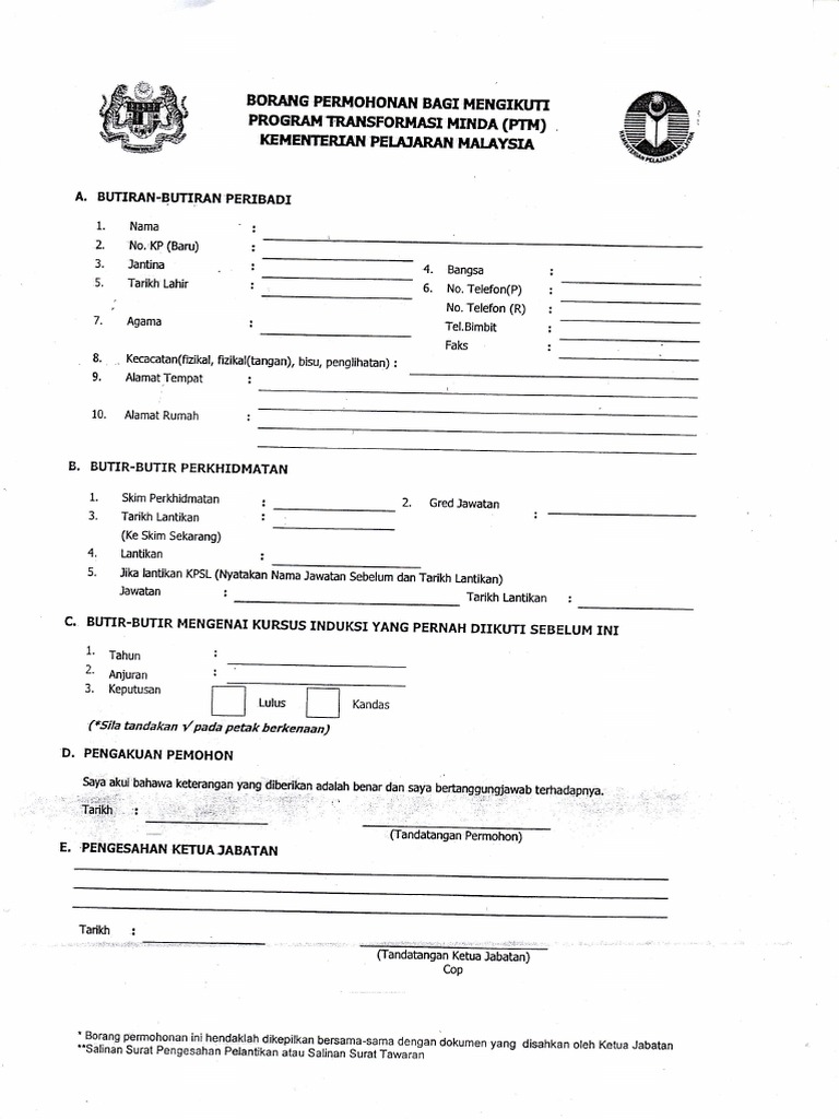 Borang Permohonan Program Transformasi Minda Pdf