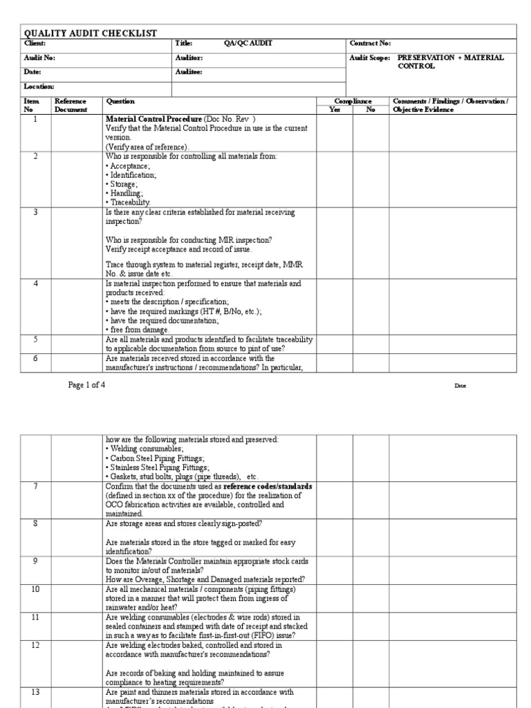 Audit Checklist - Material Control | PDF | Audit | Pipe (Fluid 