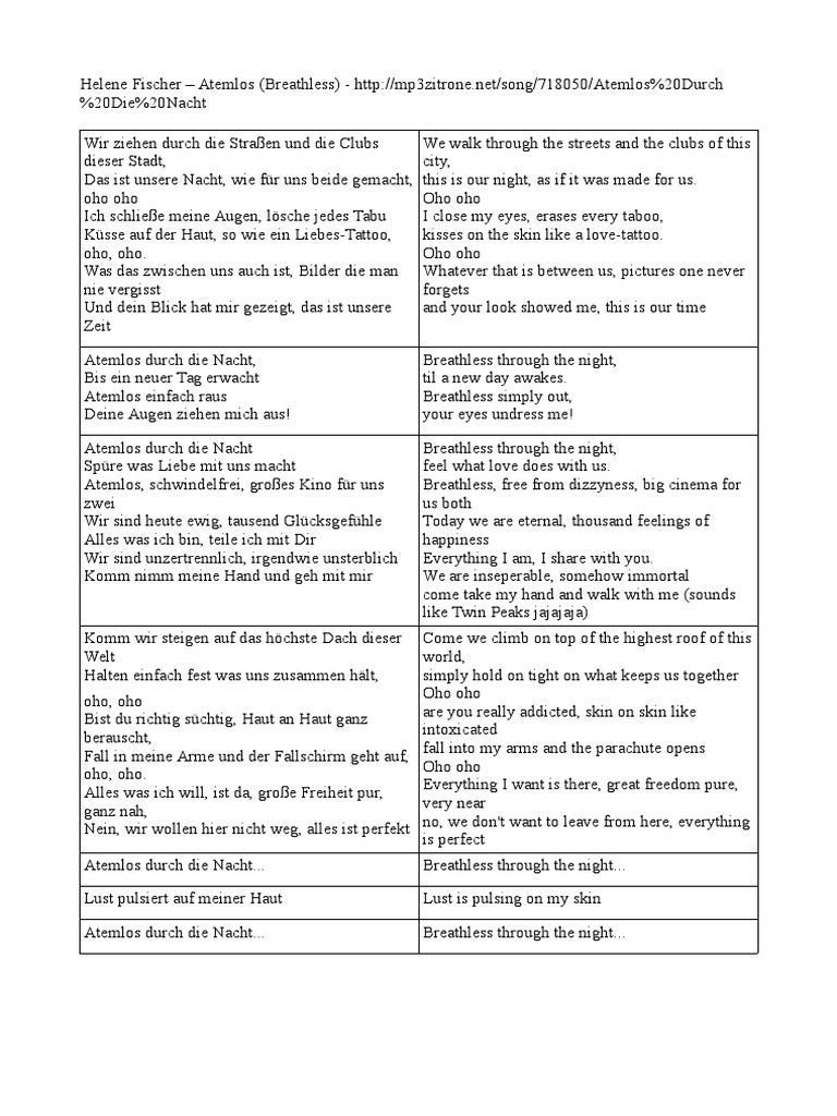 Atemlos Durch Die Nacht Text Deutsch