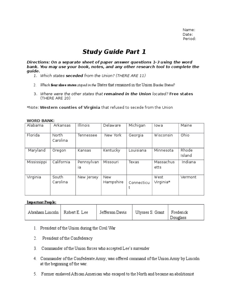 Civil War Study Guide Part 1 | PDF | American Civil War | Robert E. Lee