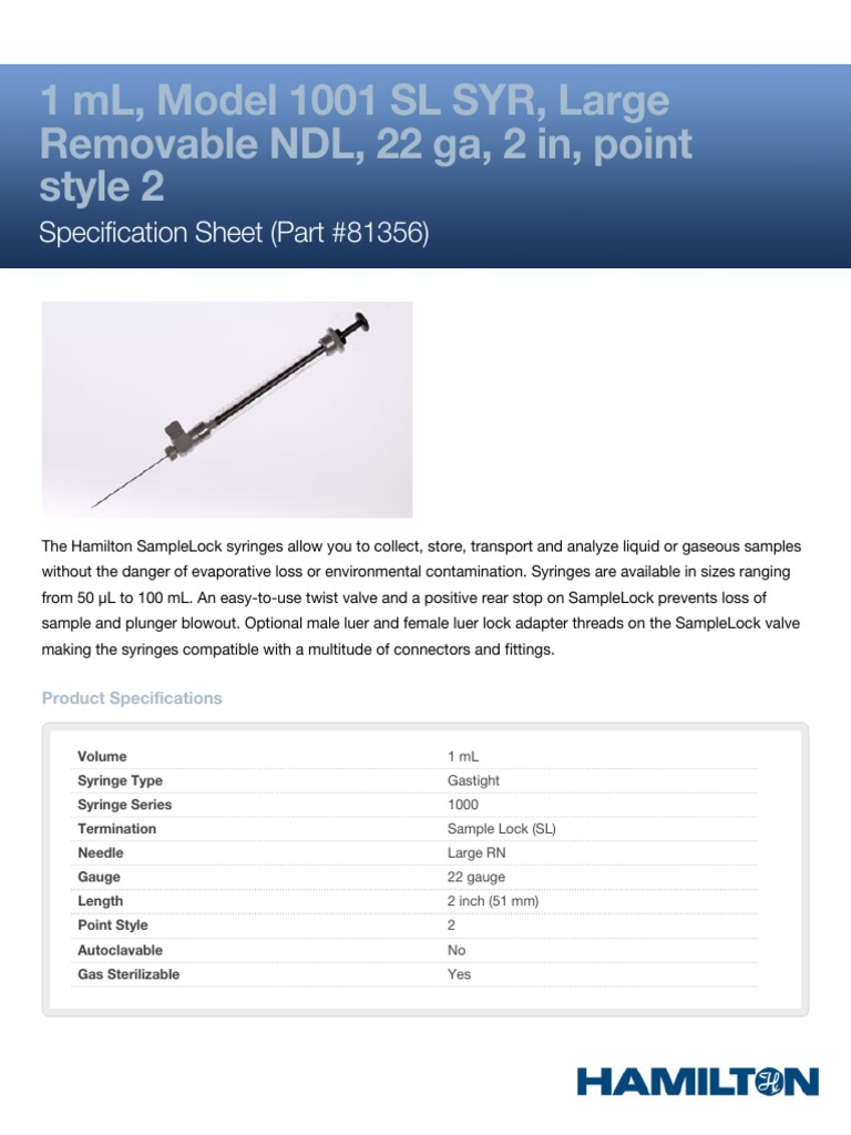 Hamilton 1 mL SampleLock Syringe Specs | PDF