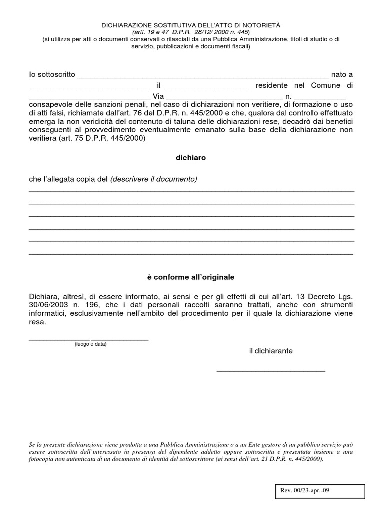 Dichiarazione Copia Conforme PDF