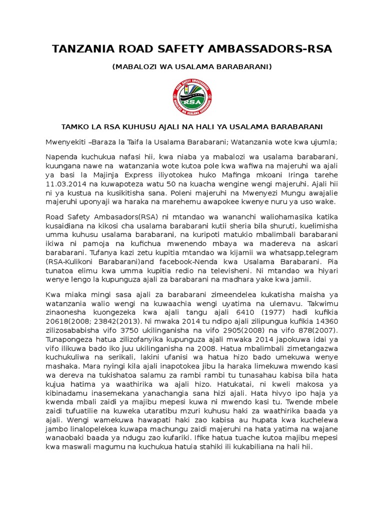 Tamko La Rsa Kuhusu Ajali Za Barabarani Pdf 