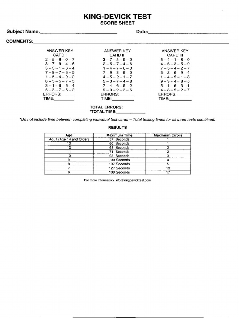 King Devick Score Sheet | Leisure