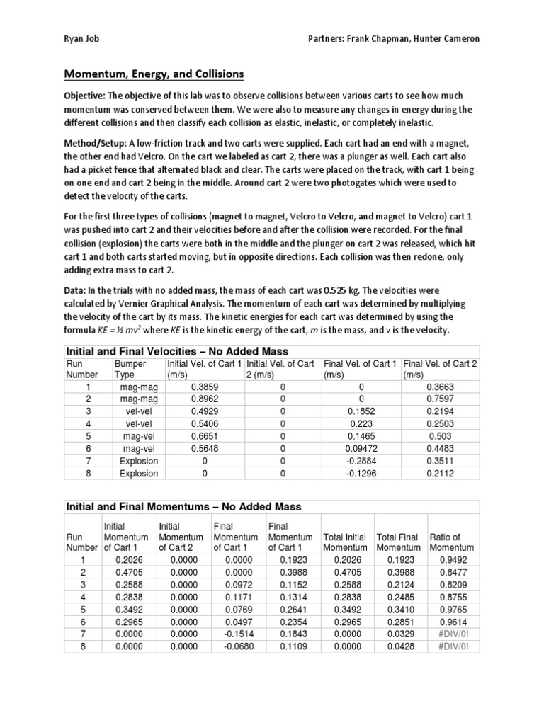Momentum and Energy in Collisions Lab | PDF | Collision | Momentum