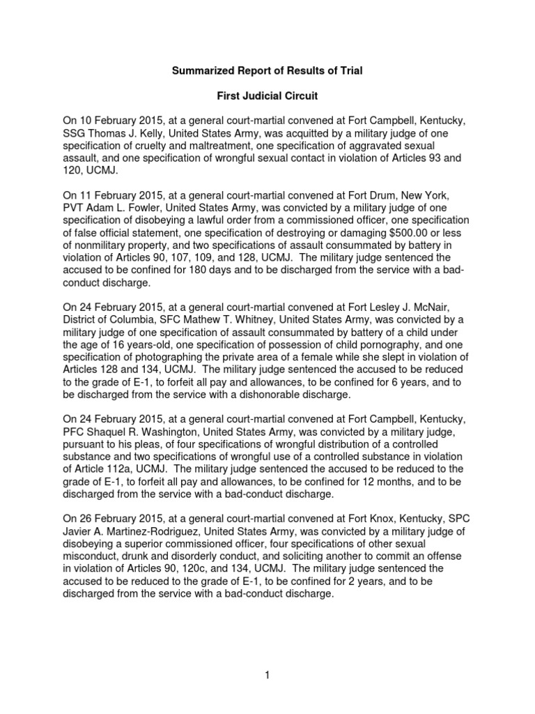 Army Court Martial Summaries For February 2015 PDF Courts Martial