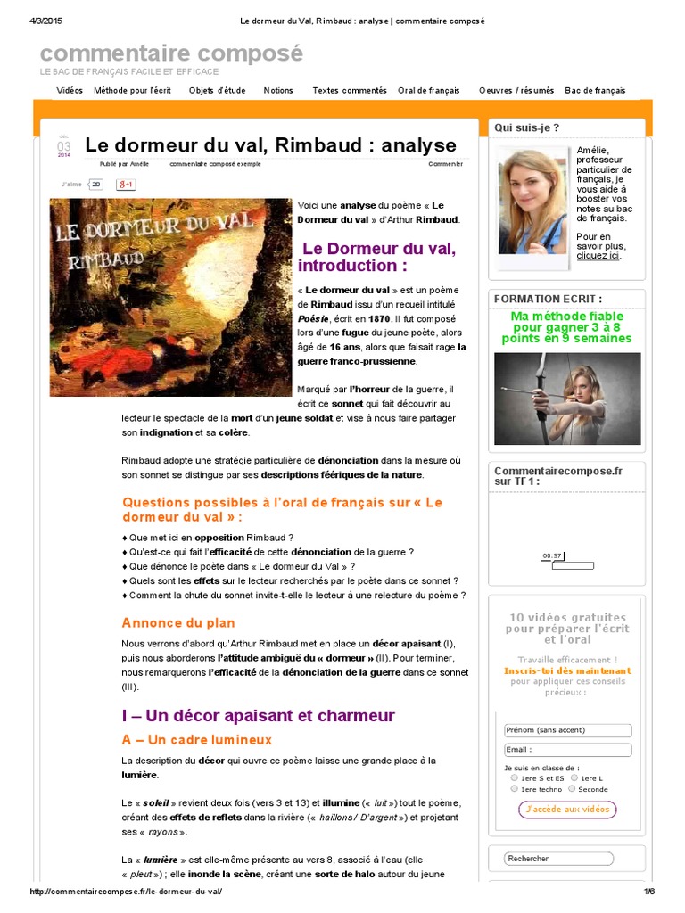 Le Dormeur Du Val, Rimbaud _ Anal_ Commentaire Composé
