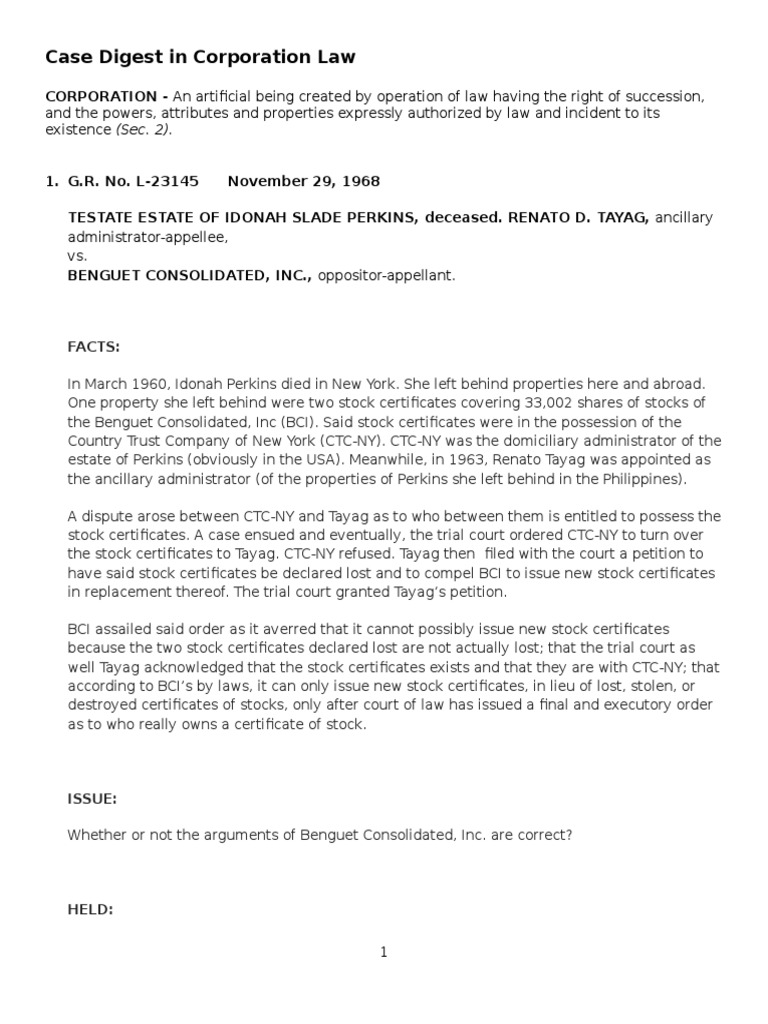 Case Digest in Corporation Law Corporations Judgment (Law)