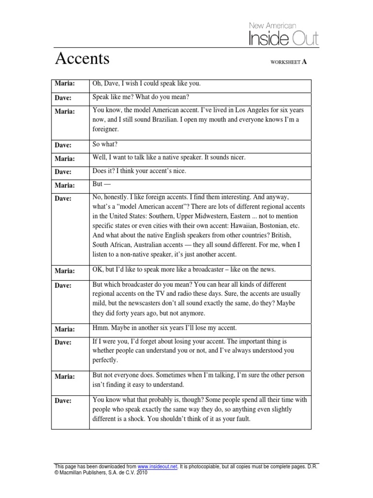 Accents Worksheet Accent (Sociolinguistics) English Language