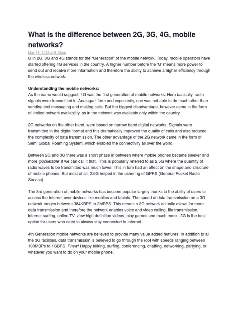 What Is The Difference Between 2G, 3G, 4G, Mobile Networks? | PDF ...