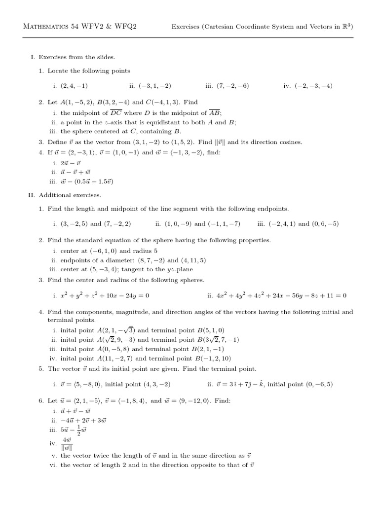 Cartesian Coordinates & Vectors Exercises | PDF | Euclidean Vector | Sphere