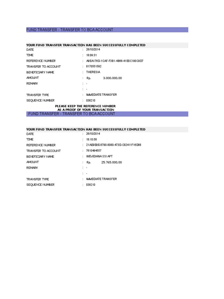 Successful BCA Fund Transfer Details | PDF