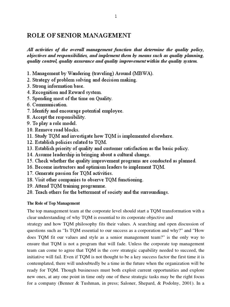 Senior Management's Role in TQM | PDF | Leadership | Goal
