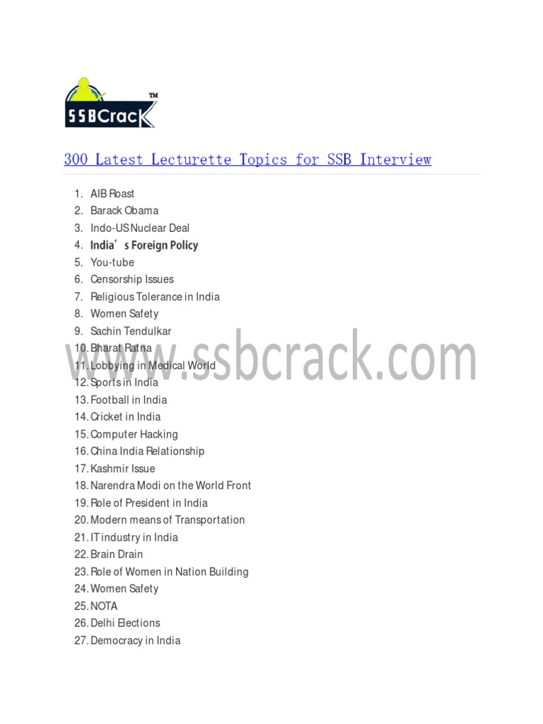 300 Latest SSB Lecturette Topics | PDF