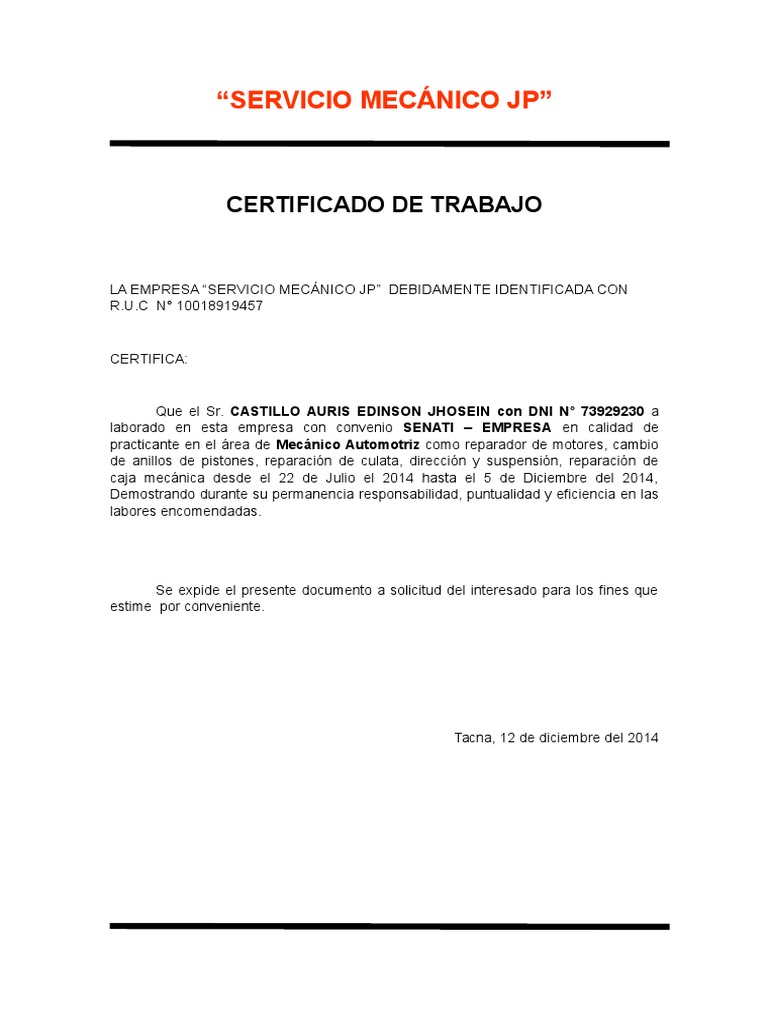 Certificado de Trabajo Taller Mecanico Jhosein