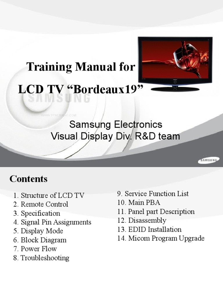 Training Manual For LCD TV "Bordeaux19": Samsung Electronics Visual Display Div. R&amp;D Team | PDF