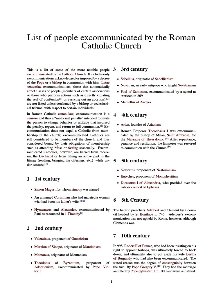 List of People Excommunicated by The Roman Catholic Church | Download ...