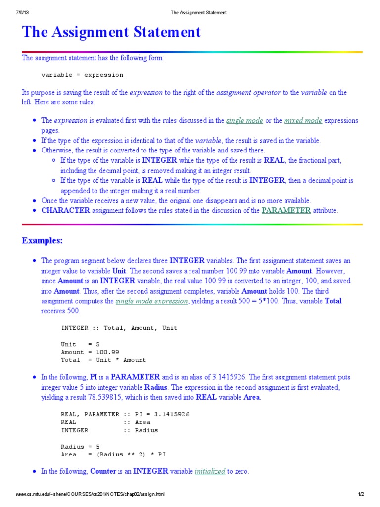 computer science assignment statement definition