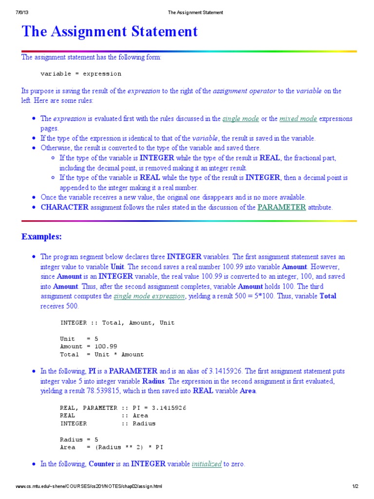 what is an assignment statement explain with an example