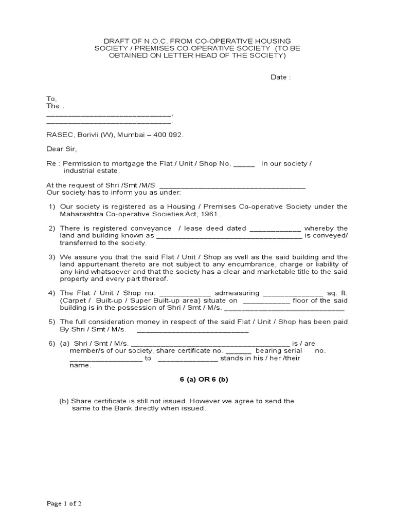 Draft of Noc to Society Loans Mortgage Loan