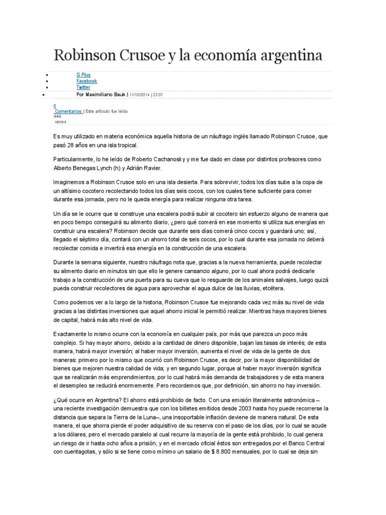 Parábola Económica de Robinson Crusoe PDF Ahorro Inflación