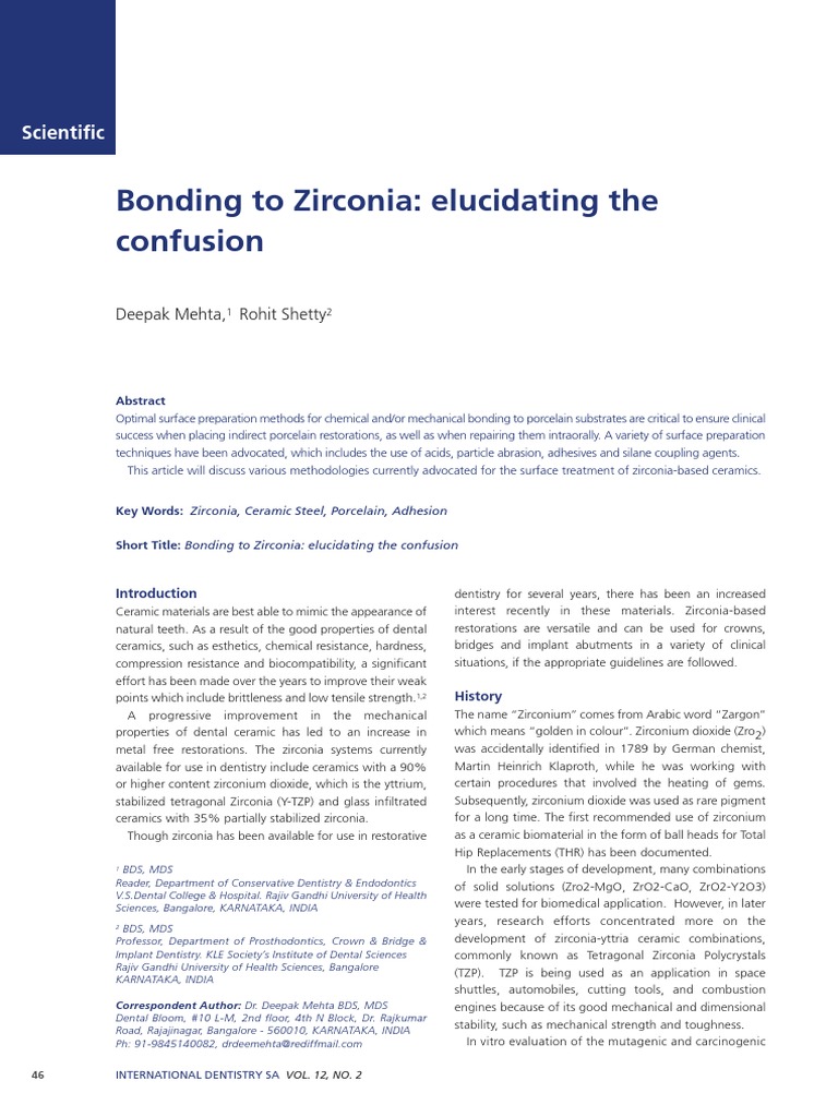 Bonding To Zirconia PDF Zirconium Dioxide Chemistry