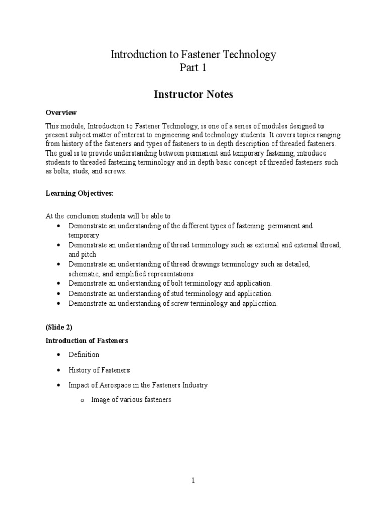 Intro To Fastener Technology Instructor Notes Part1 R2010 | PDF | Screw ...