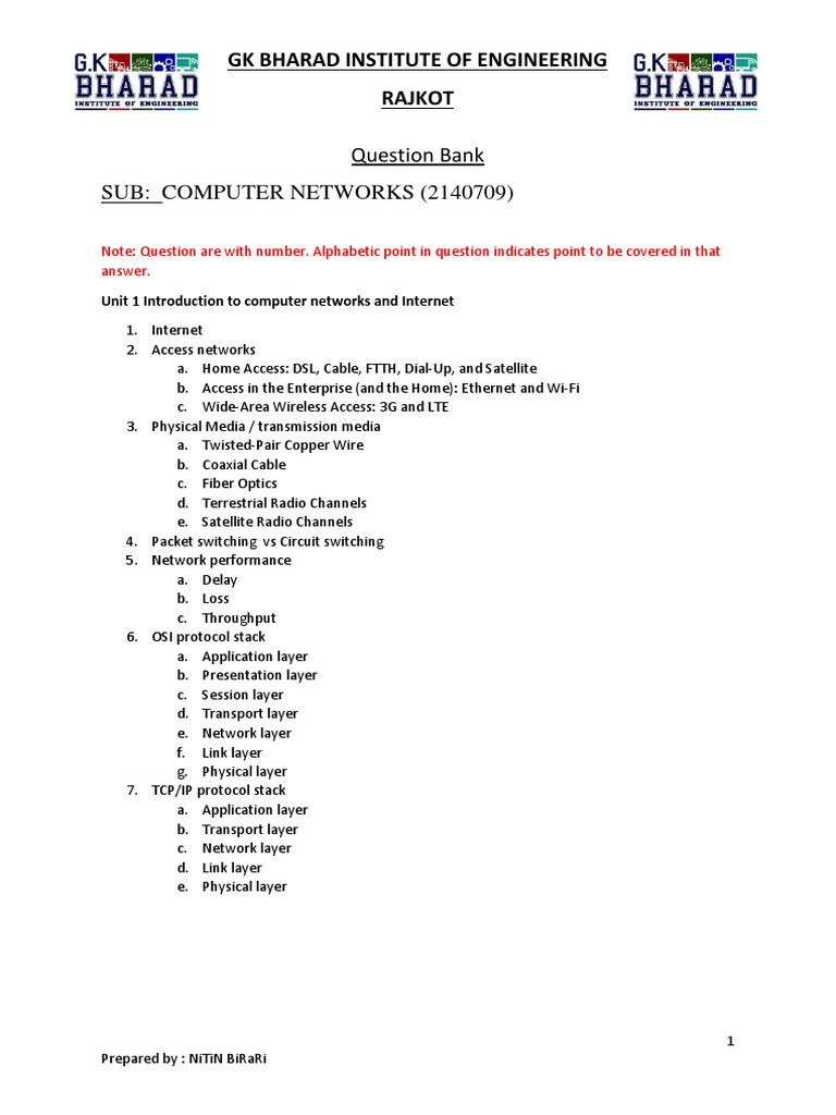 Computer Networks Question Bank PDF Transmission Control Protocol Computer Network