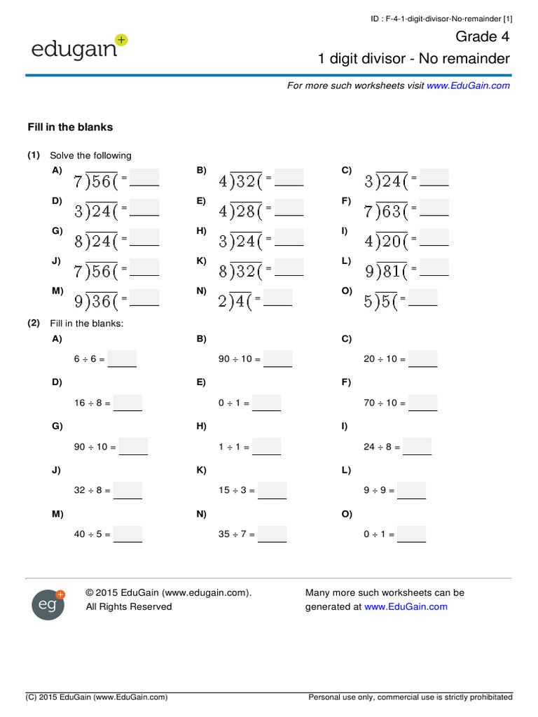 Grade 4 Division Worksheets | PDF | Computers