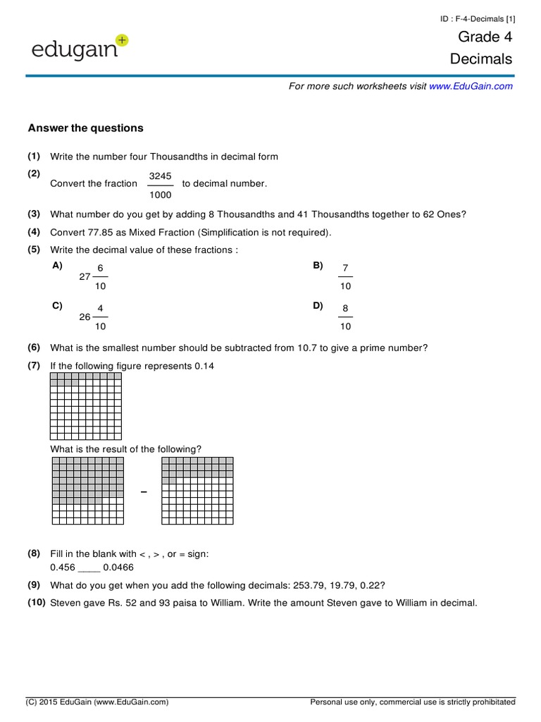 Decimals Worksheets Grade 4 Pdf 256x332