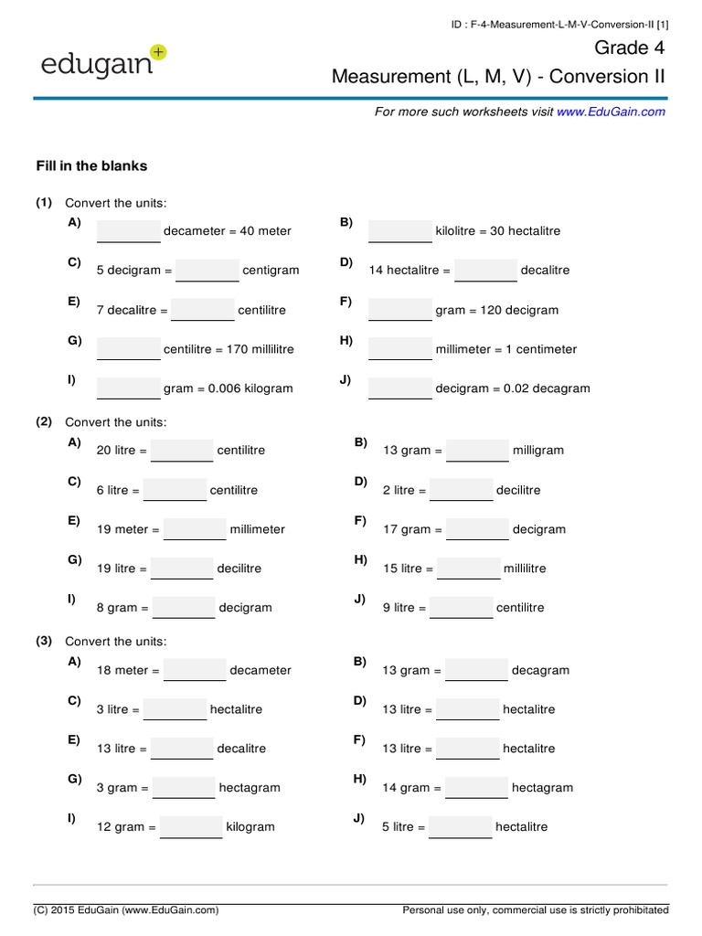 Grade 4 Measurement Conversion Worksheet | PDF | Litre | Physical ...