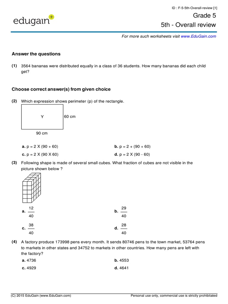 Grade 5 Math Review Worksheet | PDF | Fraction (Mathematics) | Business