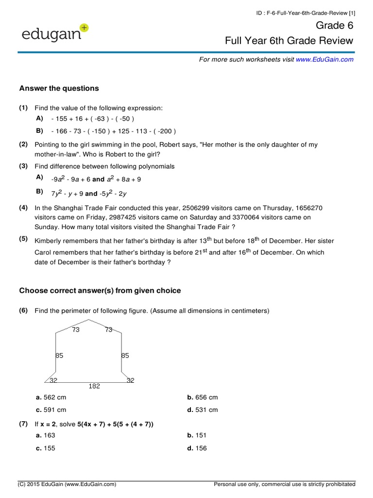 Grade6 Full Year 6th Grade Review PDF | PDF | Elementary Mathematics